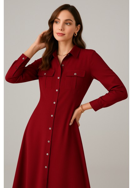 Kadın Bordo Cepli Midi Gömlek Elbise fırsatları