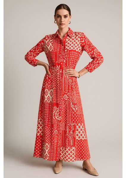 Kadın Kırmızı Beyaz Desenli Uzun Kollu Bele Kadar Düğmeli Maxi Gömlek Elbise