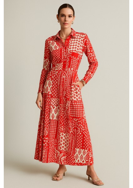 Kadın Kırmızı Beyaz Desenli Uzun Kollu Bele Kadar Düğmeli Maxi Gömlek Elbise fiyatları