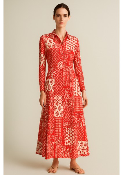 Kadın Kırmızı Beyaz Desenli Uzun Kollu Bele Kadar Düğmeli Maxi Gömlek Elbise modelleri
