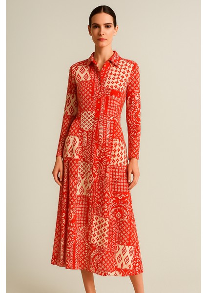 Kadın Kırmızı Beyaz Desenli Uzun Kollu Bele Kadar Düğmeli Maxi Gömlek Elbise fırsatları
