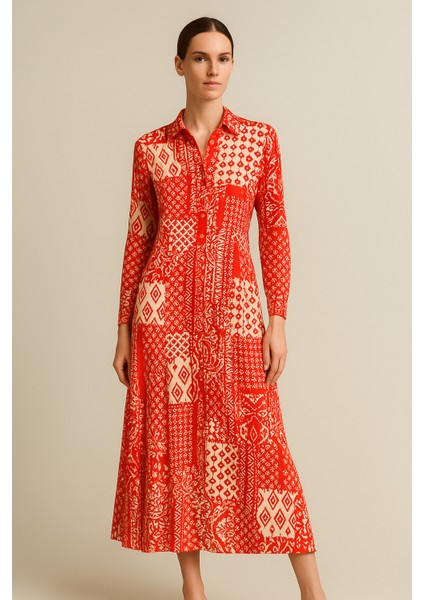 Kadın Kırmızı Beyaz Desenli Uzun Kollu Bele Kadar Düğmeli Maxi Gömlek Elbise indirimleri