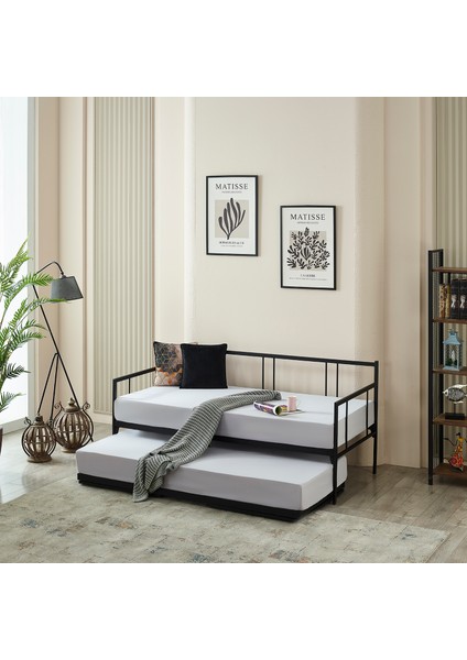 Veluna Yavrulu Karyola Daybed Tek-Çift Kişilik Metal Karyola+Yatak Seti Siyah