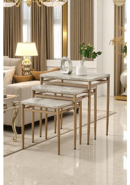 Ladrin Serisi Traverten Desen 1. Sınıf 3’lü Zigon Sehpa Takımı Bronz Ayak