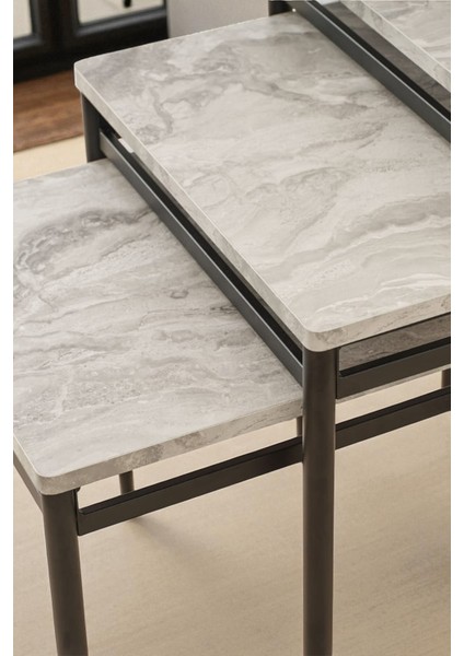 Ladrin Serisi Traverten Desen 1. Sınıf 3’lü Zigon Sehpa Takımı Siyah Ayak indirimleri