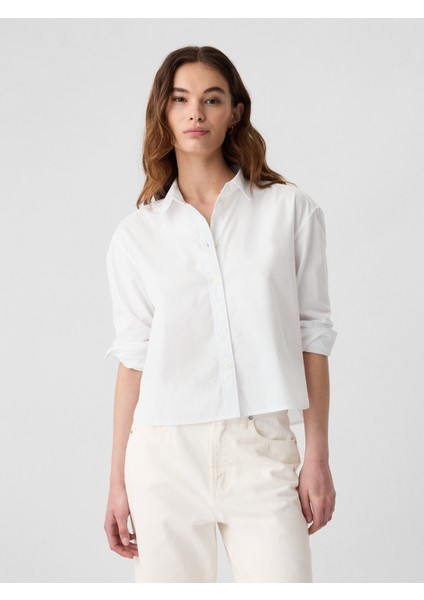 Kadın Beyaz Poplin Crop Gömlek fırsatları
