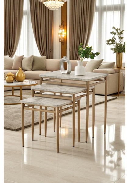 Ladrin Serisi Traverten Desen 1. Sınıf 3’lü Zigon Sehpa Takımı Bronz Ayak fiyatları