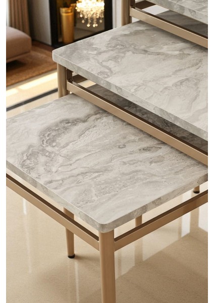 Ladrin Serisi Traverten Desen 1. Sınıf 3’lü Zigon Sehpa Takımı Bronz Ayak modelleri