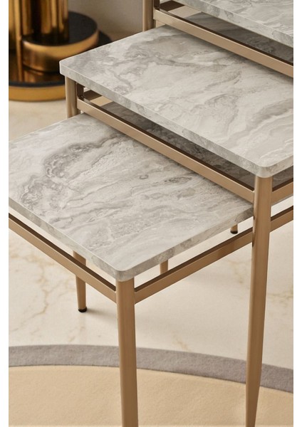 Ladrin Serisi Traverten Desen 1. Sınıf 3’lü Zigon Sehpa Takımı Bronz Ayak fırsatları