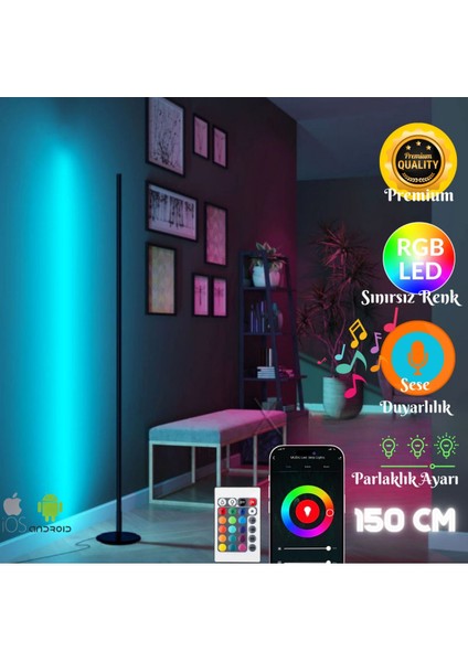 Telefon ve Kumanda Kontrollü Full RGB LED Ayaklı Oda Lambası – 150 cm Siyah, Modern Tasarım, Yüksek Işık Verimi fırsatları