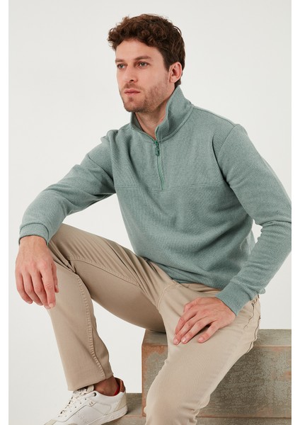 Pamuklu Regular Fit Yarım Fermuarlı Dik Yaka Kazak Erkek Kazak 456112