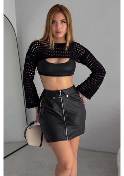 Mini Fermuarlı Deri Etek