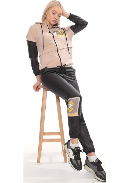 Deri Pantolonlu Taşlı Eşofman Takımı