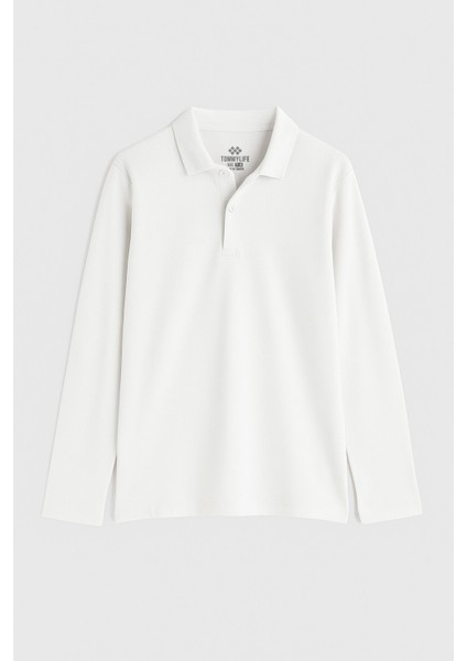Beyaz Polo Yaka Basic Uzun Kollu Erkek Çocuk T-Shirt - 11170