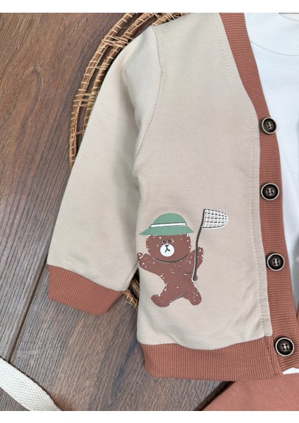 Kampçı Ayıcık Baskılı Önden Düğmeli Balıkçı Yaka Badi 3lü Erkek Bebek Takım modelleri