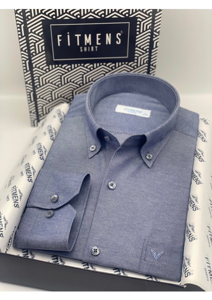 Klasik Uzun Kol Pamuklu Hediye Kutulu Kolay Ütülenebilir Erkek Gömlek FS-003897 - Indigo