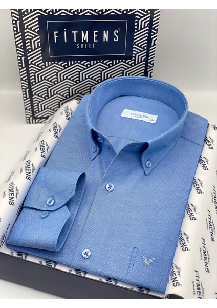 Klasik Uzun Kol Pamuklu Hediye Kutulu Kolay Ütülenebilir Erkek Gömlek FS-003897 - Saks Mavi