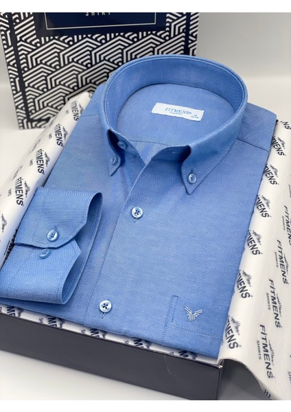 Klasik Uzun Kol Pamuklu Hediye Kutulu Kolay Ütülenebilir Erkek Gömlek FS-003897 - Saks Mavi fiyatları