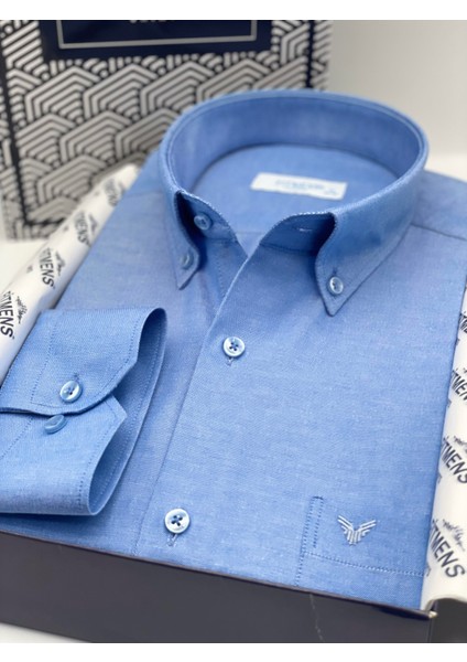 Klasik Uzun Kol Pamuklu Hediye Kutulu Kolay Ütülenebilir Erkek Gömlek FS-003897 - Saks Mavi modelleri
