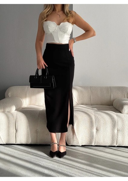 Kadın Siyah Scuba Krep Yırtmaç Detaylı Maxi Yüksek Bel Esnek Örme Etek
