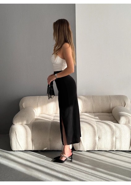 Kadın Siyah Scuba Krep Yırtmaç Detaylı Maxi Yüksek Bel Esnek Örme Etek fırsatları