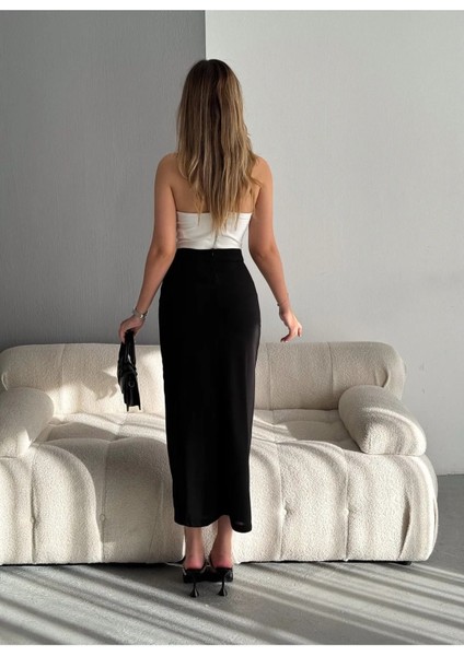 Kadın Siyah Scuba Krep Yırtmaç Detaylı Maxi Yüksek Bel Esnek Örme Etek indirimleri