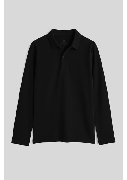 Siyah Polo Yaka Basic Uzun Kollu Erkek Çocuk T-Shirt - 11170