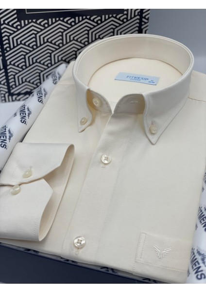 Klasik Uzun Kol Pamuklu Hediye Kutulu Kolay Ütülenebilir Erkek Gömlek FS-003897 - Krem
