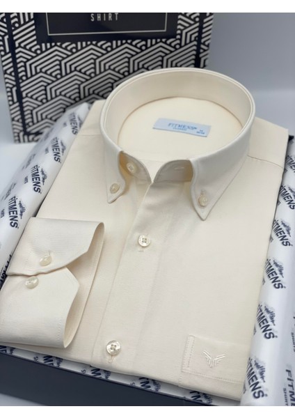 Klasik Uzun Kol Pamuklu Hediye Kutulu Kolay Ütülenebilir Erkek Gömlek FS-003897 - Krem fiyatları