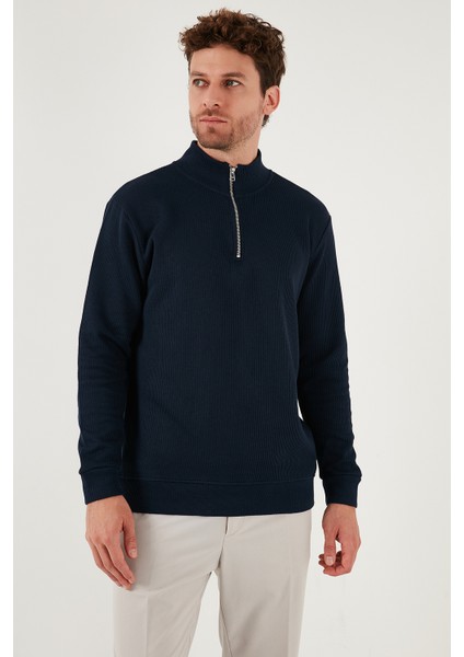 Pamuklu Relaxed Fit Yarım Fermuarlı Sıfır Yaka Örme Sweat Erkek Sweat 5901076 fırsatları