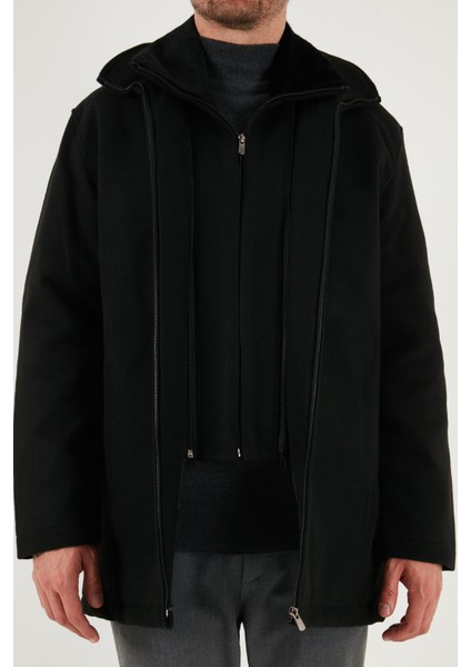 Slim Fit Çıkarılabilir Tüylü Yaka Detaylı Astarlı Kaşe Kaban Erkek Kaban 58400217