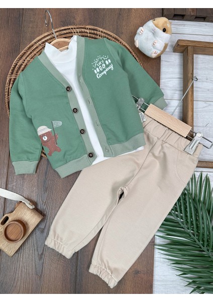 Kampçı Ayıcık Baskılı Önden Düğmeli Balıkçı Yaka Badi 3lü Erkek Bebek Takım