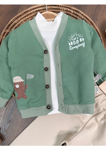 Kampçı Ayıcık Baskılı Önden Düğmeli Balıkçı Yaka Badi 3lü Erkek Bebek Takım modelleri