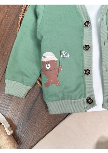 Kampçı Ayıcık Baskılı Önden Düğmeli Balıkçı Yaka Badi 3lü Erkek Bebek Takım indirimleri