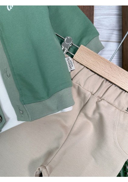 Kampçı Ayıcık Baskılı Önden Düğmeli Balıkçı Yaka Badi 3lü Erkek Bebek Takım