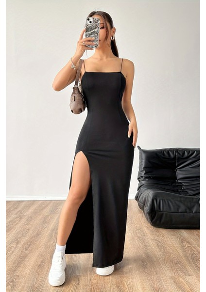 Askılı Şık Yırtmaçlı Uzun Elbise