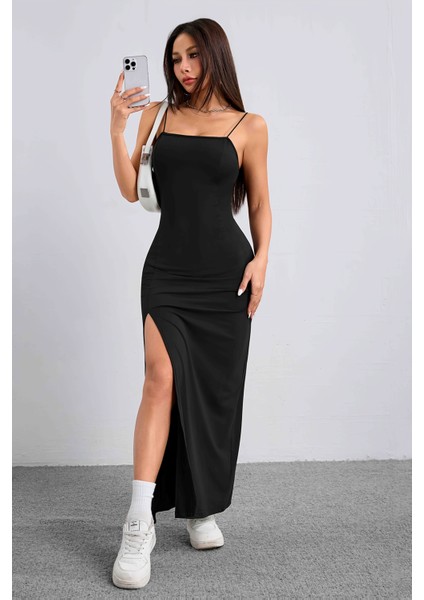 Askılı Şık Yırtmaçlı Uzun Elbise fırsatları