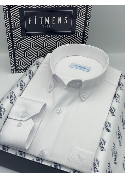 Klasik Uzun Kol Pamuklu Hediye Kutulu Kolay Ütülenebilir Erkek Gömlek FS-003897 - Beyaz