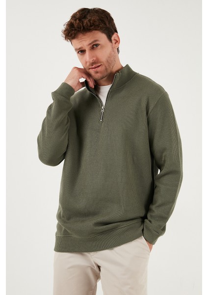 Pamuklu Relaxed Fit Yarım Fermuarlı Sıfır Yaka Örme Sweat Erkek Sweat 5901076 fırsatları