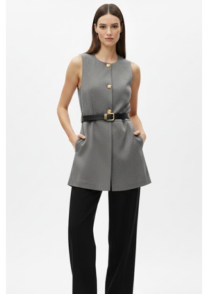 Antrasit Gold Düğmeli Kemerli Yelek 8145A