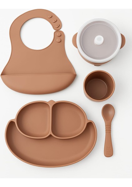 5li Silikon Bebek Beslenme Seti Bej (Bölmeli Mama Tabağı, Sızdırmaz Kase, Kaşık, Bardak, Önlük )
