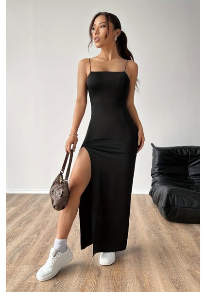 Askılı Şık Yırtmaçlı Uzun Elbise modelleri