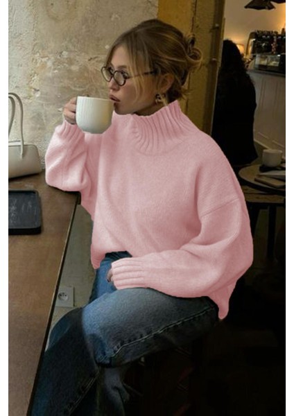 Pembe Boğazlı Kadın Triko Kazak MG2535