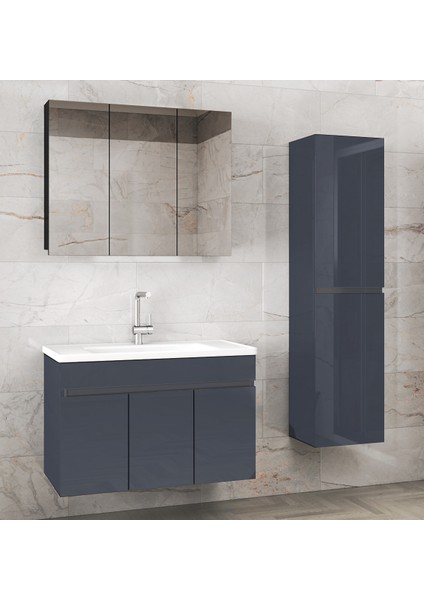 Viola3-Antrasit (100+35) 135 cm Mdf-Aynalı Seramik Lavabolu Banyo Dolabı Takımı**demonte Değil**