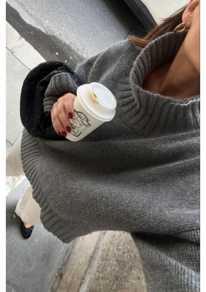 Antrasit Boğazlı Kadın Triko Kazak MG2535 fırsatları