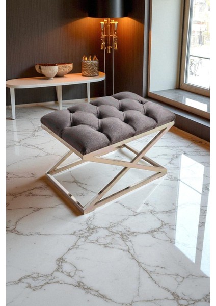 Delano x Bench Puf – 40 x 60 cm Krom Metal Ayaklı, Babyface Kumaş, 44 cm Yükseklik