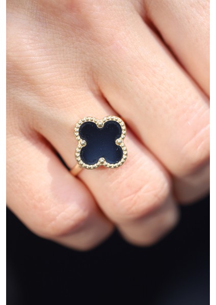 14 Ayar Altın Siyah Taş Detaylı Yonca Yüzük fiyatları