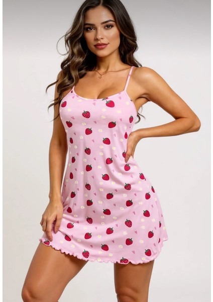 Pembe Askılı Çilek Desenli Şık Tasarım Gecelik