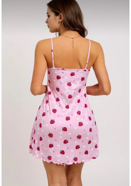 Pembe Askılı Çilek Desenli Şık Tasarım Gecelik modelleri