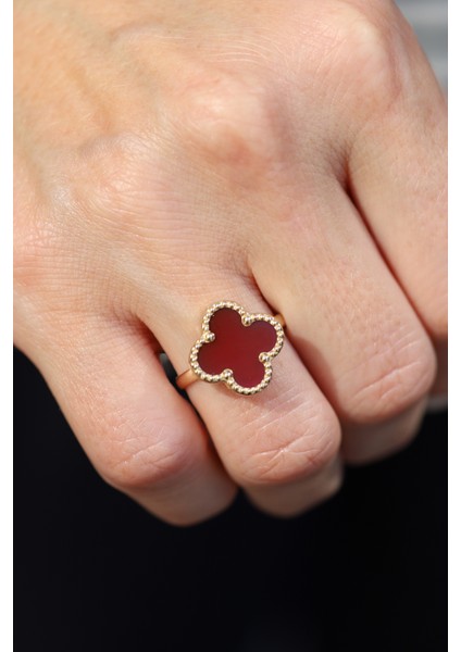 14 Ayar Altın Akik Taş Detaylı Yonca Yüzük